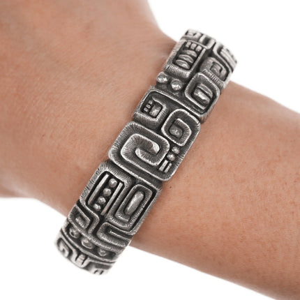 6.5" c1974 Luis Mojica Tufa Cast silver Lapis, Sodalite, and shell inlaid cuff bracelet - Estate Fresh Austin