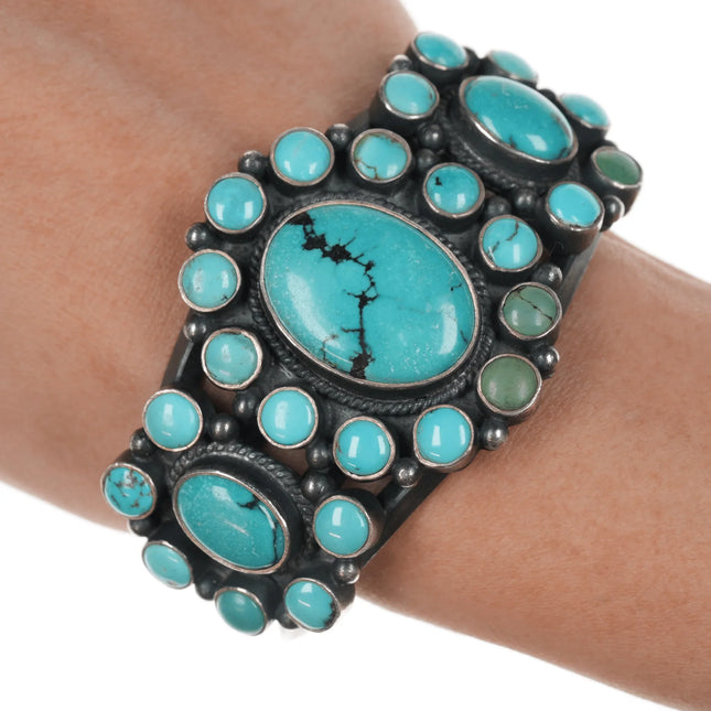 6.5" DB Heavy Native American sterling turquoise cluster cuff bracelet - Estate Fresh Austin