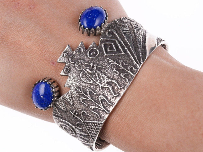 6.5" Harold Lovato (1954-1997) Kewa Tufa cast silver lapis cuff bracelet - Estate Fresh Austin