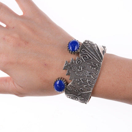 6.5" Harold Lovato (1954-1997) Kewa Tufa cast silver lapis cuff bracelet - Estate Fresh Austin