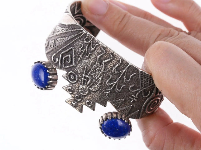 6.5" Harold Lovato (1954-1997) Kewa Tufa cast silver lapis cuff bracelet - Estate Fresh Austin