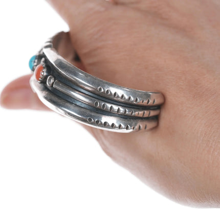 6.5" J Spencer Navajo for Atkinson Trading Company silver turquoise, and coral row cuff bracelet - Estate Fresh Austin