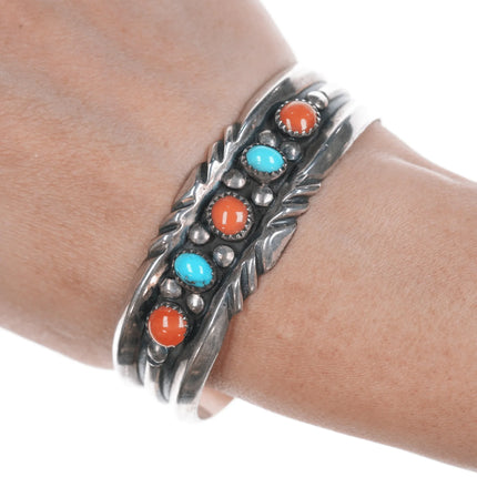 6.5" J Spencer Navajo for Atkinson Trading Company silver turquoise, and coral row cuff bracelet - Estate Fresh Austin