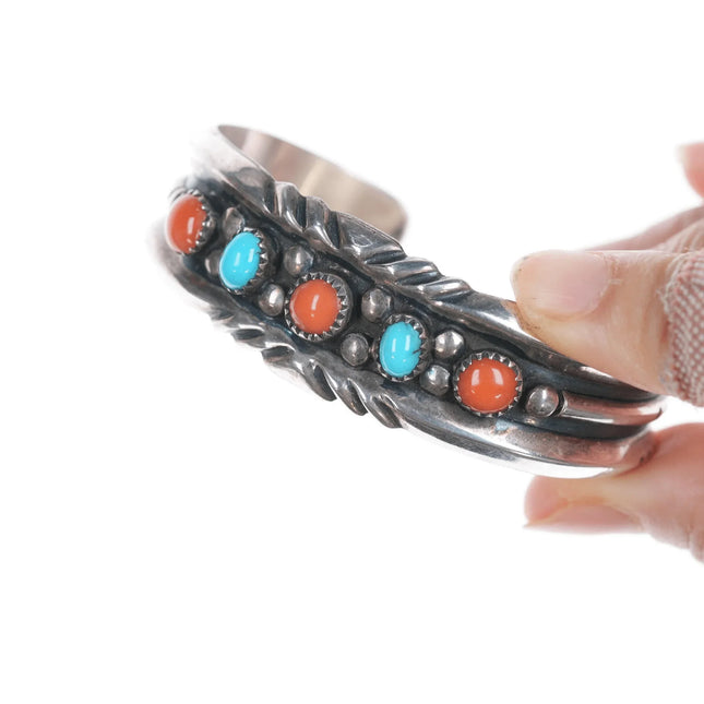 6.5" J Spencer Navajo for Atkinson Trading Company silver turquoise, and coral row cuff bracelet - Estate Fresh Austin