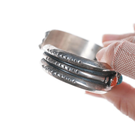 6.5" J Spencer Navajo for Atkinson Trading Company silver turquoise, and coral row cuff bracelet - Estate Fresh Austin
