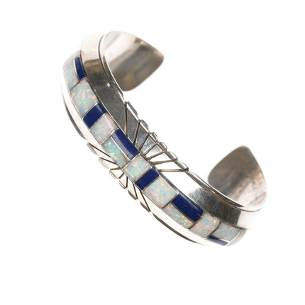 6.5" JB Native American sterling channel inlay Opal and Lapis cuff bracelet - Estate Fresh Austin