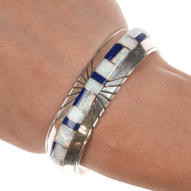 6.5" JB Native American sterling channel inlay Opal and Lapis cuff bracelet - Estate Fresh Austin