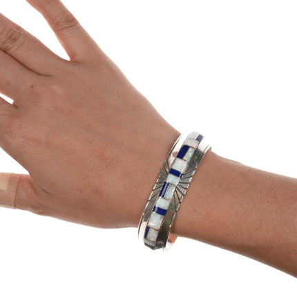 6.5" JB Native American sterling channel inlay Opal and Lapis cuff bracelet - Estate Fresh Austin