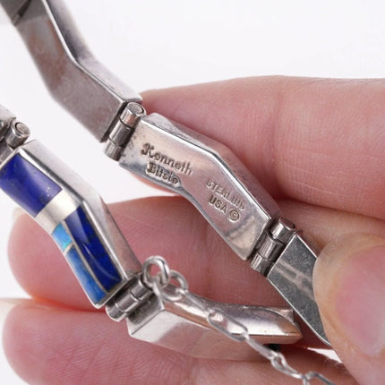 6.5" Kenneth Bitsie Navajo Lapis Opal sterling channel inlay link bracelet - Estate Fresh Austin
