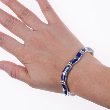6.5" Kenneth Bitsie Navajo Lapis Opal sterling channel inlay link bracelet - Estate Fresh Austin