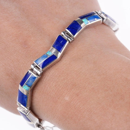 6.5" Kenneth Bitsie Navajo Lapis Opal sterling channel inlay link bracelet - Estate Fresh Austin