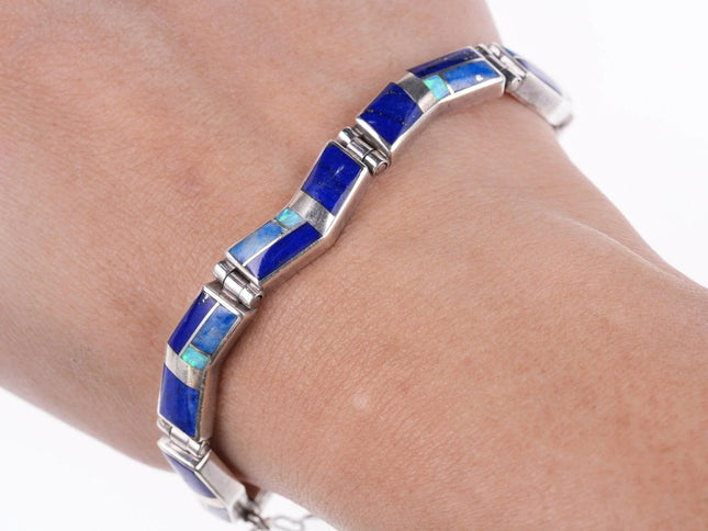 6.5" Kenneth Bitsie Navajo Lapis Opal sterling channel inlay link bracelet - Estate Fresh Austin
