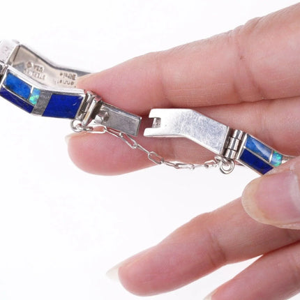 6.5" Kenneth Bitsie Navajo Lapis Opal sterling channel inlay link bracelet - Estate Fresh Austin