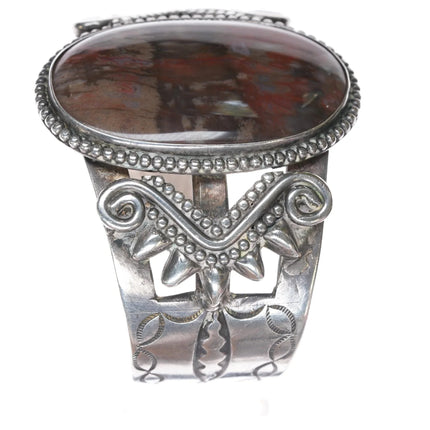 6.5" Large 1940's Navajo Petrified wood sterling cuff bracelet - Estate Fresh Austin