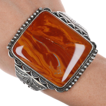 6.5" Large 40's-50's Native American silver agate cuff bracelet - Estate Fresh Austin