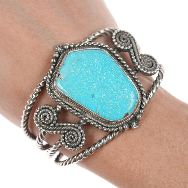 6.5" Liz Wallace (Diné-Washoe) Twisted sterling silver turquoise cuff bracelet - Estate Fresh Austin