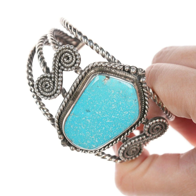 6.5" Liz Wallace (Diné-Washoe) Twisted sterling silver turquoise cuff bracelet - Estate Fresh Austin