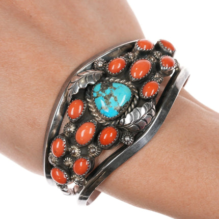 6.5" Mary Matt Navajo - Atkinsons Trading post Sterling turquoise coral cuff bracelet - Estate Fresh Austin
