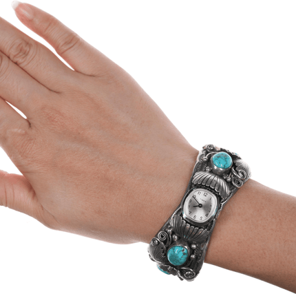 6.5" Morty Johnson Navajo sterling and nice turquoise watch cuff bracelet - Estate Fresh Austin