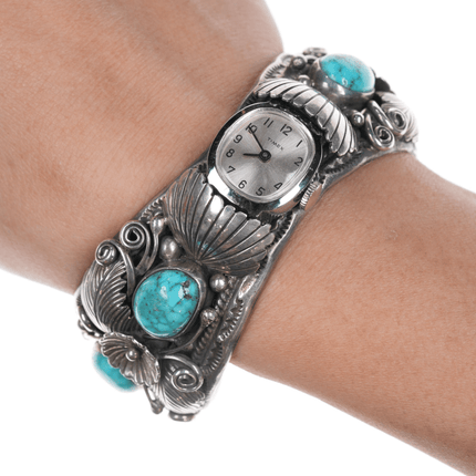 6.5" Morty Johnson Navajo sterling and nice turquoise watch cuff bracelet - Estate Fresh Austin