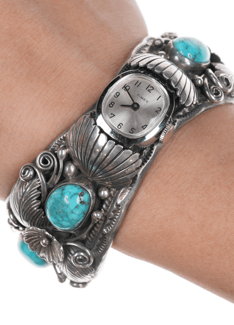 6.5" Morty Johnson Navajo sterling and nice turquoise watch cuff bracelet - Estate Fresh Austin