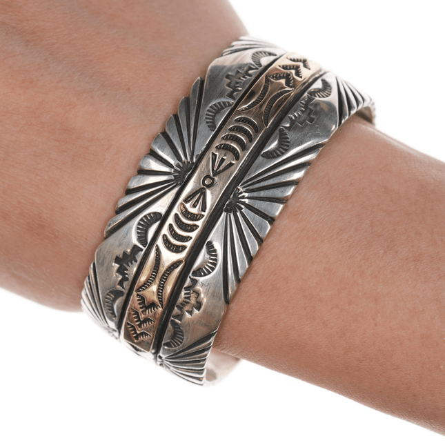 6.5" Native American 14k/Sterling heavy stamped cuff bracelet - Estate Fresh Austin