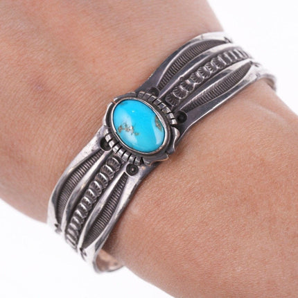 6.5" Native American Heavy stamped sterling and turquoise cuff bracelet - Estate Fresh Austin