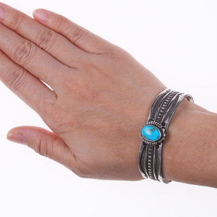 6.5" Native American Heavy stamped sterling and turquoise cuff bracelet - Estate Fresh Austin