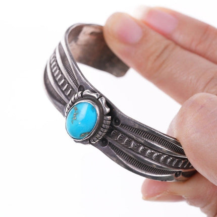 6.5" Native American Heavy stamped sterling and turquoise cuff bracelet - Estate Fresh Austin