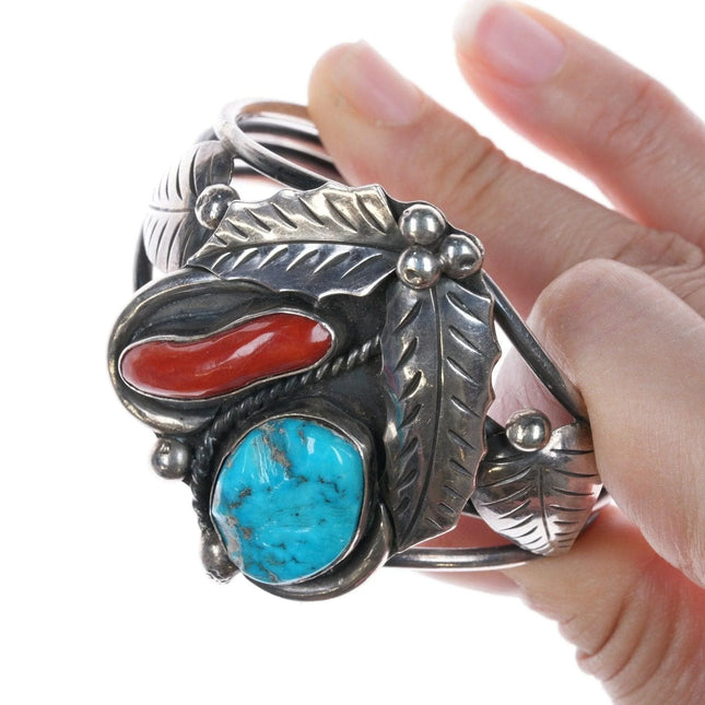 6.5" Native American Sterling, turquoise, and coral cuff bracelet - Estate Fresh Austin