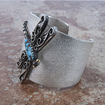 6.5" Navajo 18K/Sterling Spiderweb Turquoise Tufa Cast Dragonfly Cuff Bracelet - Estate Fresh Austin