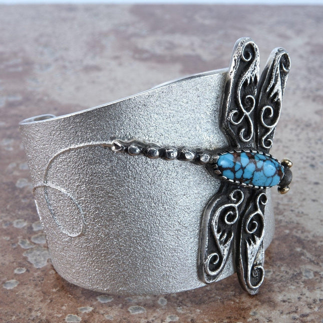 6.5" Navajo 18K/Sterling Spiderweb Turquoise Tufa Cast Dragonfly Cuff Bracelet - Estate Fresh Austin