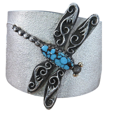 6.5" Navajo 18K/Sterling Spiderweb Turquoise Tufa Cast Dragonfly Cuff Bracelet - Estate Fresh Austin