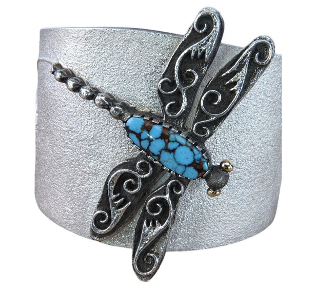 6.5" Navajo 18K/Sterling Spiderweb Turquoise Tufa Cast Dragonfly Cuff Bracelet - Estate Fresh Austin