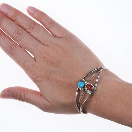 6.5" Navajo turquoise and coral sterling bracelet - Estate Fresh Austin