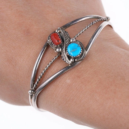 6.5" Navajo turquoise and coral sterling bracelet - Estate Fresh Austin