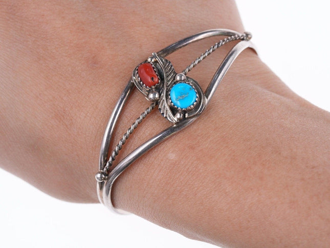 6.5" Navajo turquoise and coral sterling bracelet - Estate Fresh Austin