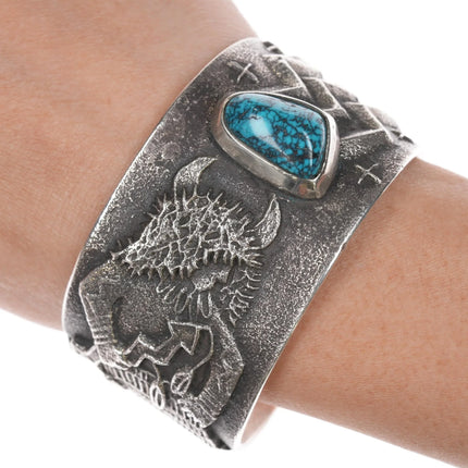 6.5" Philander Begay - Navajo Yeibichai Tufa cast cuff bracelet nice turquoise - Estate Fresh Austin