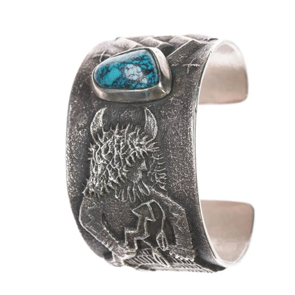 6.5" Philander Begay - Navajo Yeibichai Tufa cast cuff bracelet nice turquoise - Estate Fresh Austin