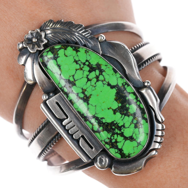 6.5" Ray Bennett Navajo Sterling lime green turquoise cuff bracelet - Estate Fresh Austin