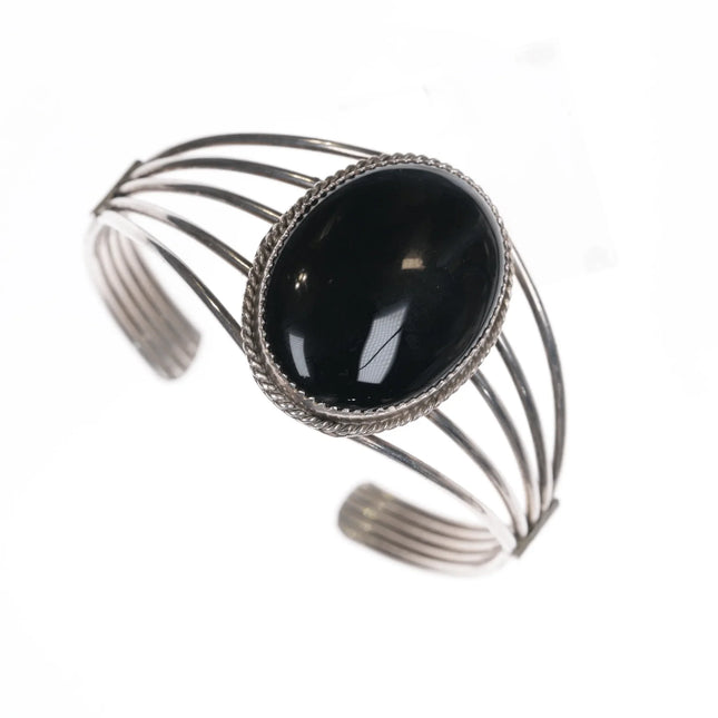 6.5" Retro Native American H Springy sterling and onyx cuff bracelet - Estate Fresh Austin