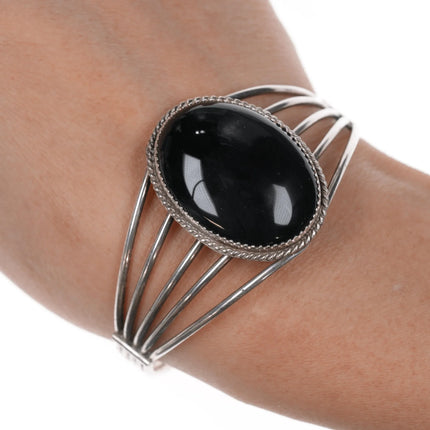 6.5" Retro Native American H Springy sterling and onyx cuff bracelet - Estate Fresh Austin