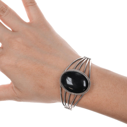 6.5" Retro Native American H Springy sterling and onyx cuff bracelet - Estate Fresh Austin