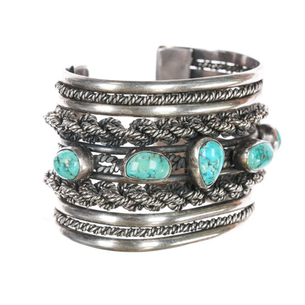 6.5" Roger Francisco Navajo Huge sterling turquoise row cuff bracelet - Estate Fresh Austin