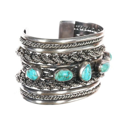 6.5" Roger Francisco Navajo Huge sterling turquoise row cuff bracelet - Estate Fresh Austin