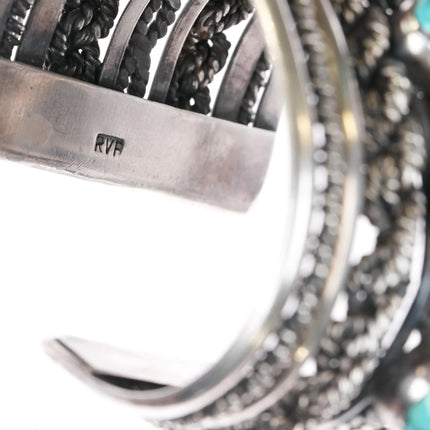 6.5" Roger Francisco Navajo Huge sterling turquoise row cuff bracelet - Estate Fresh Austin