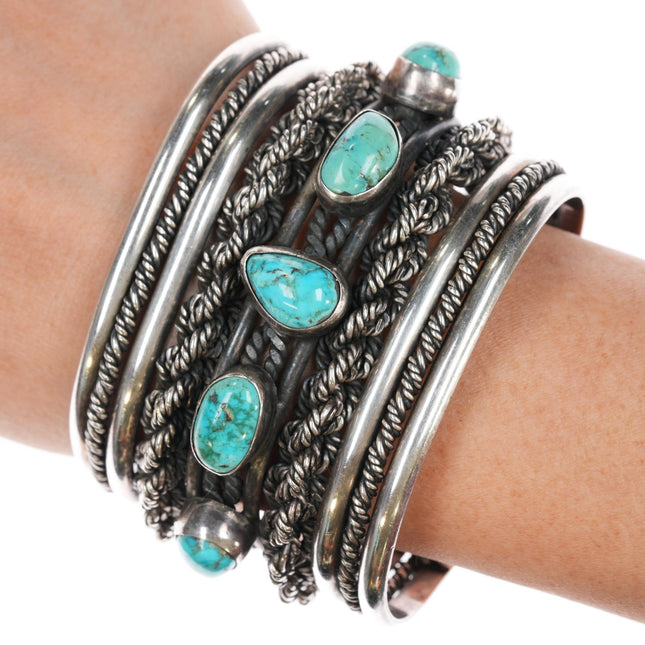 6.5" Roger Francisco Navajo Huge sterling turquoise row cuff bracelet - Estate Fresh Austin