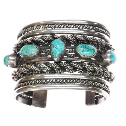 6.5" Roger Francisco Navajo Huge sterling turquoise row cuff bracelet - Estate Fresh Austin