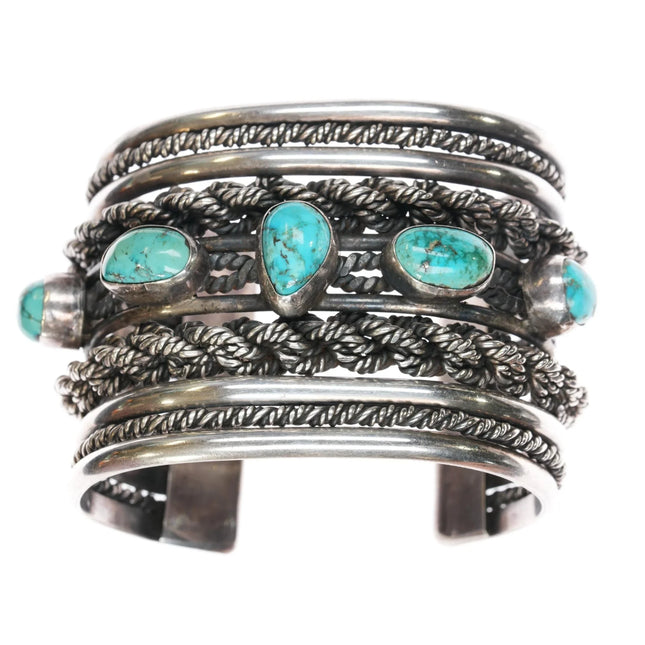 6.5" Roger Francisco Navajo Huge sterling turquoise row cuff bracelet - Estate Fresh Austin