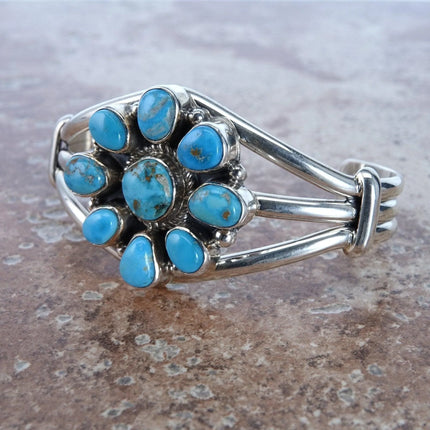 6.5" Shirley Henry Navajo Sterling Golden Hills Turquoise Flower Bracelet - Estate Fresh Austin